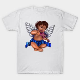 Black Angel playing the violin - Serene sun kissed curly haired Baby cherub angel classical art T-Shirt